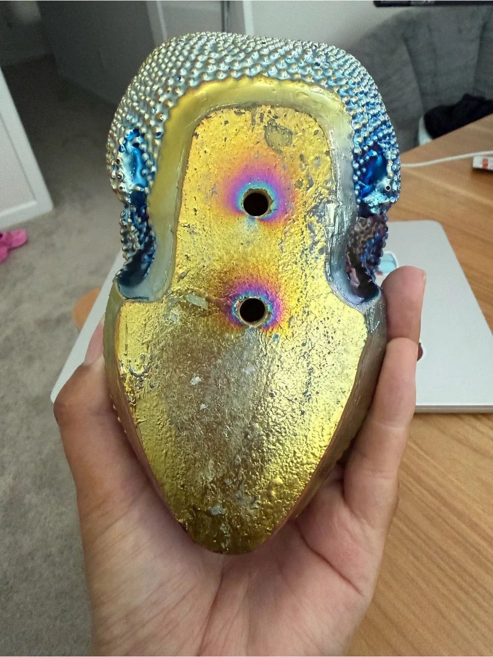Iridescent Multicolor Bejeweled Skull Sculpture - makeup brush holder